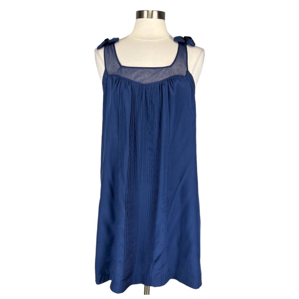 Rebecca Taylor Womens Blue Silk Sleeveless Shift Dress Bow Pintuck Detail size 8